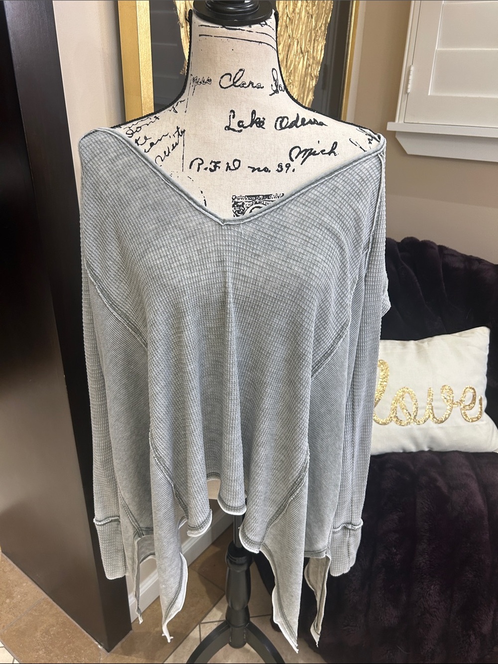 Free People Gray Off-Shoulder Waffle Knit Pullover with Raw Hem